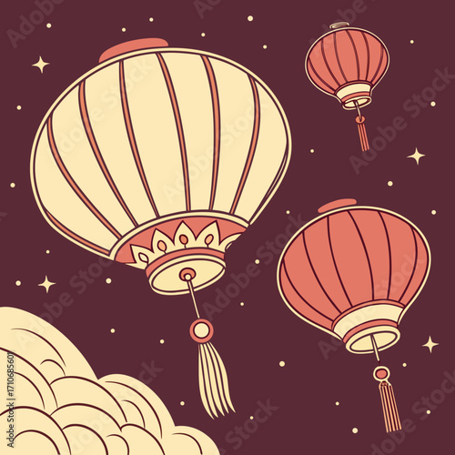 Festive traditional chinese lanterns illuminating the night sky amidst clouds and stars in a warm color palette
