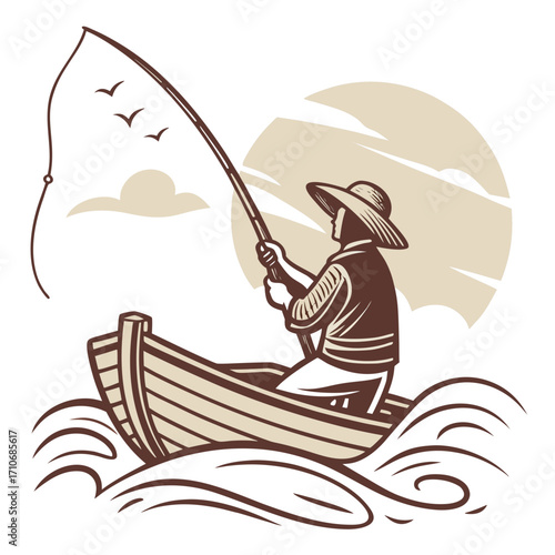 Fisherman in a rowboat casting a fishing line into the water with birds flying overhead and a stylized sun in the background