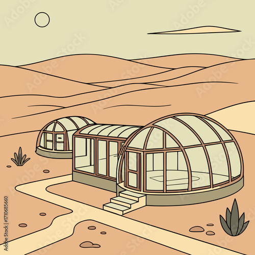Futuristic geodesic dome homes with glass walls and curved roofs situated in a barren desert landscape under a pale sky with a distant sun and clouds