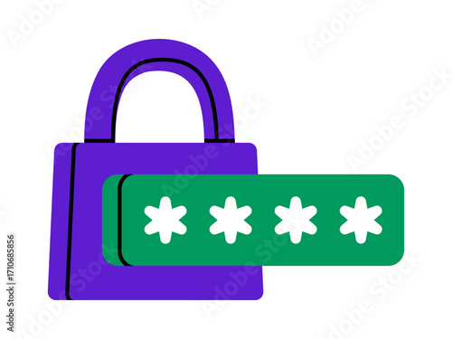 Hand drawn cute illustration of password with four stars and lock. Flat vector encrypted code sticker doodle. Access to account icon. Privacy protection. Verification procedure. Isolated.