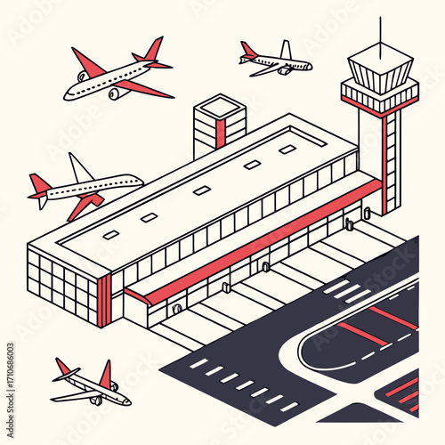 Isometric illustration of a modern airport terminal building with a control tower and airplanes in flight and on the tarmac against a light background