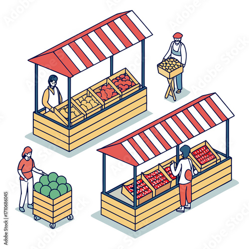 Isometric illustration of a vibrant outdoor farmers market scene with vendors selling fresh produce from colorful stalls and customers browsing and shopping for fruits and vegetables