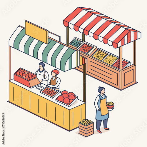 Isometric illustration of a vibrant outdoor farmers market with vendors selling fresh produce from colorful stalls and awnings