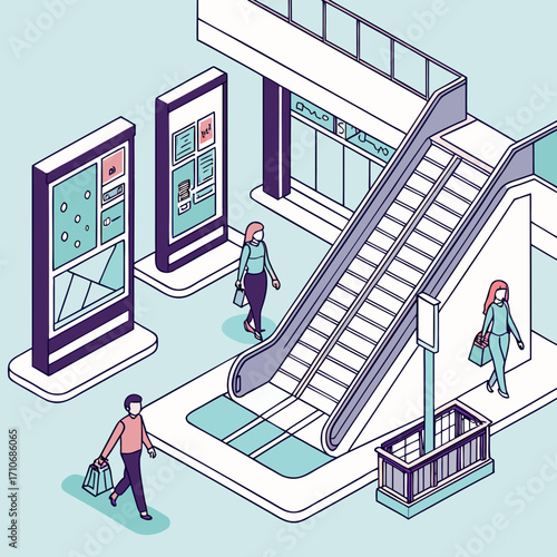 Isometric illustration of people walking with shopping bags near an escalator and digital displays in a modern shopping mall or public space