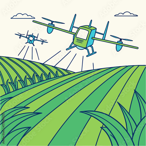 Modern agricultural drones flying over a lush green field with rolling hills and striped patterns under a light sky with clouds
