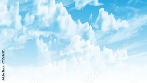 Blue sky with scattered white cumulus clouds. 
