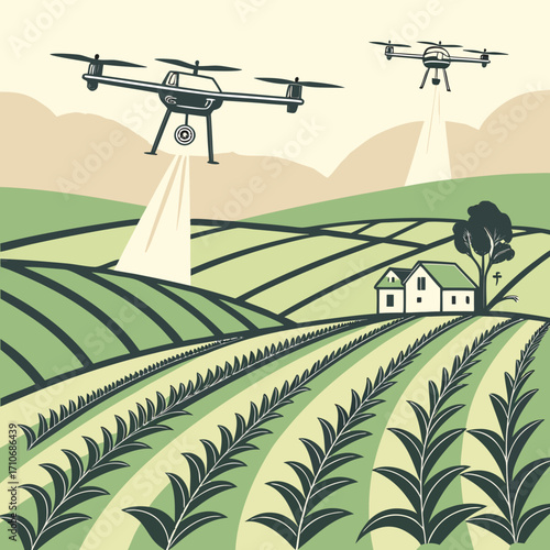 Modern farming technology with drones surveying agricultural fields and crops representing innovation in agriculture and smart farming practices