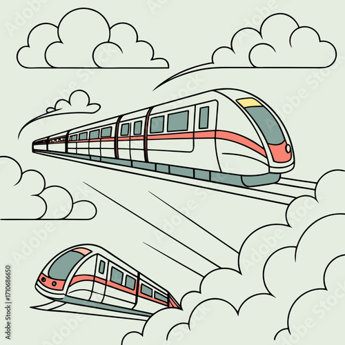 Modern high speed trains in motion depicted with clean lines and a minimalist style gliding through stylized clouds against a pale green background conveying speed and progress