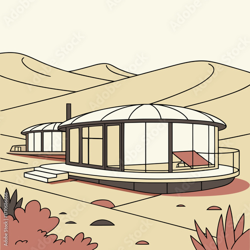 Modern geodesic dome desert house with large windows and panoramic views of sand dunes and sparse vegetation