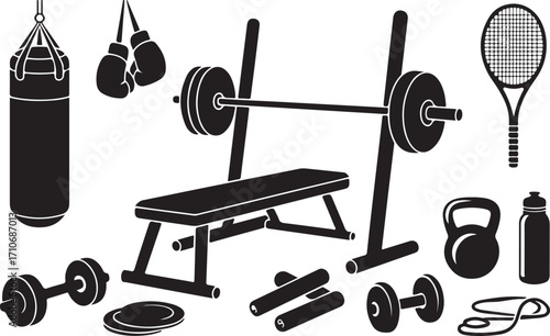 Gym Equipment Silhouette Vector Illustration for Fitness Training and Exercise Background