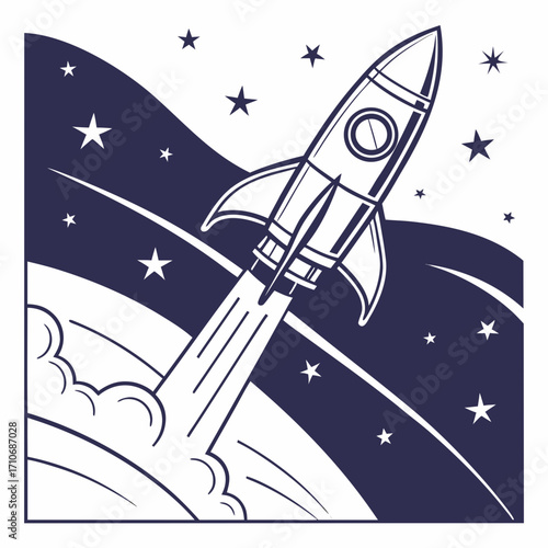 Retro styled rocket blasting off into a starry night sky with smoke trails and curved lines representing motion and space travel