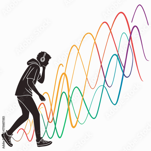 Silhouette of a young person wearing headphones immersed in listening to music represented by colorful sound wave graphics emanating from them