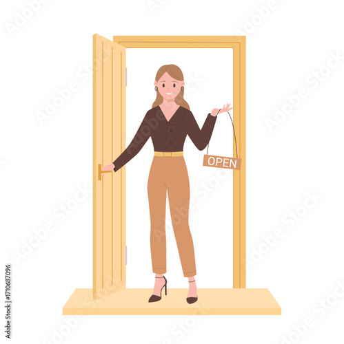 Smiling businesswoman standing at open door holding sign with word open, representing shop opening, welcoming customers, business startup, and entrepreneurship concept vector illustration