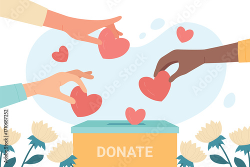 Hands of people donate. Volunteers give hearts to donation box flat vector illustration. Hope, solidarity, aid for refugees concept