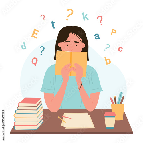 Dyslexia, disability disorder, problem of reading and understanding vector illustration. Cartoon dyslexic girl sitting at desk with cloud of letters and book to read and solve chaos puzzle of words