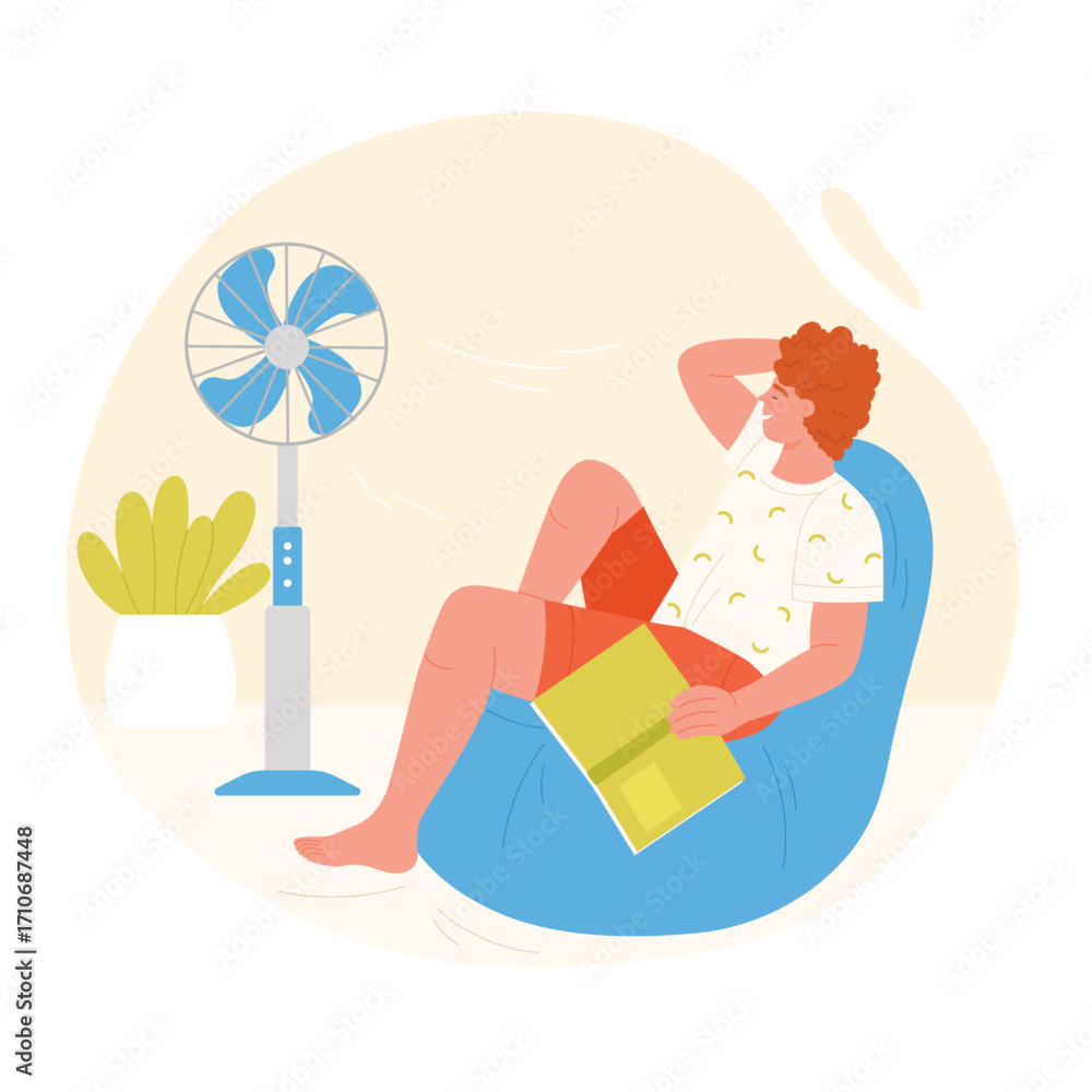 Obraz premium Cartoon isolated hot summer scene with man. Boy cooling at electric ventilator blowing, sitting at home vector illustration