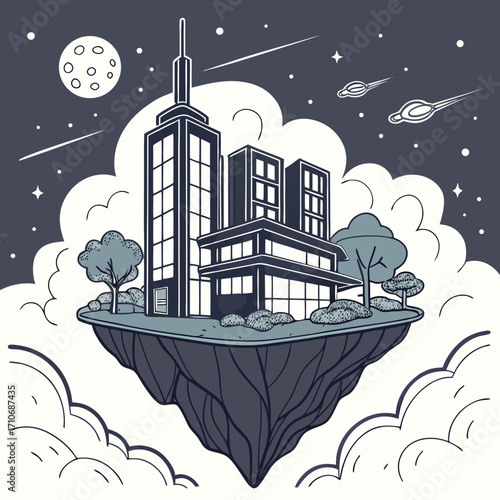Surreal floating island cityscape at night with a moon stars and ufos in the sky evoking a sense of fantasy and imagination