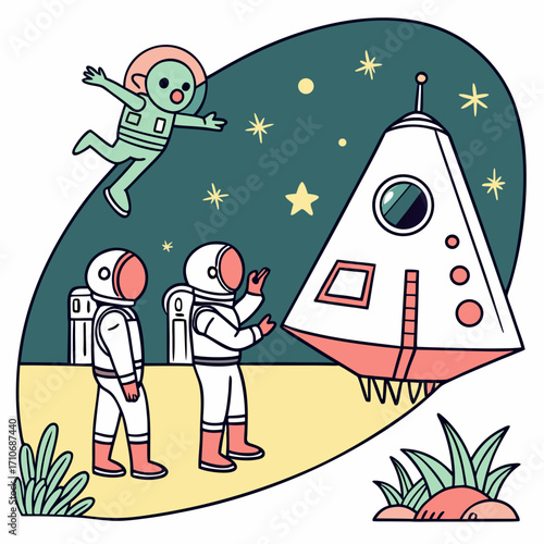 Three cartoon astronauts in space suits exploring a new planet near a landed spaceship with stars in the background and some alien plants