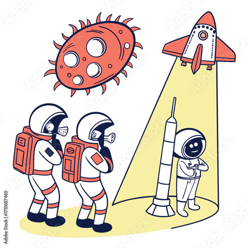 Three cartoon astronauts in white suits with orange accents stand on a yellow surface looking at a rocket and a strange alien creature in space