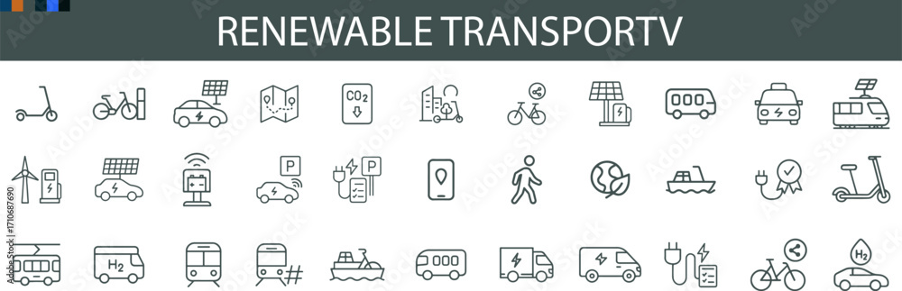 “Renewable Transport Outline Icons – Electric Vehicles, Public Transit, Micro-Mobility, Infrastructure, and Planning Vectors” “Renewable Transport Outline Icons – Electric Vehicles, Public Transit, Micro-Mobility, Infrastructure, and Planning Vectors”