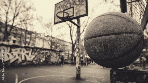 Vintage outdoor basketball court with graffiti and deflated basketball