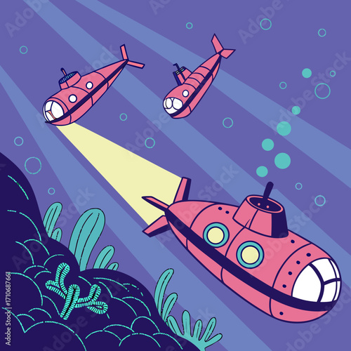 Three pink cartoon submarines explore the deep blue ocean with light beams illuminating the underwater world and coral reefs below