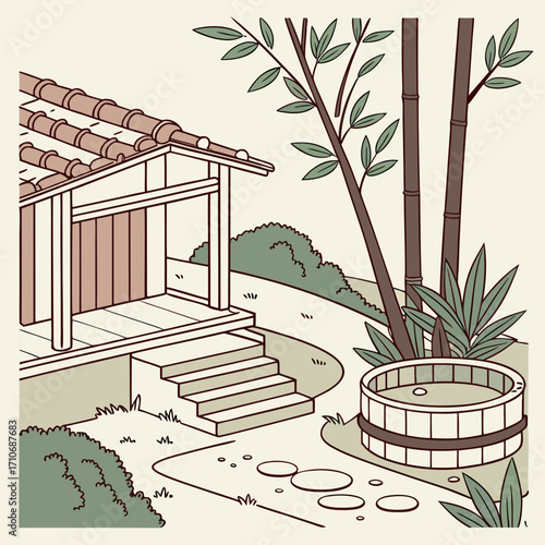 Tranquil japanese garden scene featuring a traditional wooden house steps leading to a path bamboo grove and a wooden water basin