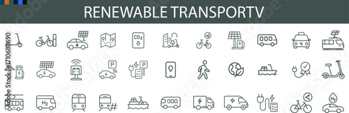 Renewable Transport Icon Set for Eco Mobility, Sustainable Energy, and Green Infrastructure UI Design