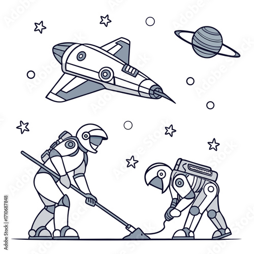 Two cartoon astronauts in space suits working on a planet surface with a spaceship and saturn in the background surrounded by stars and circles