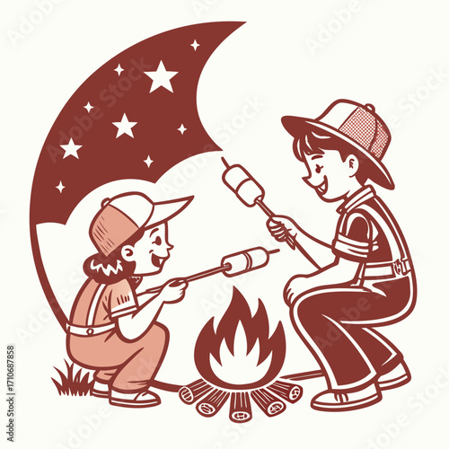 Two cheerful children wearing scout uniforms roasting marshmallows over a campfire under a starry night sky with a crescent moon shape
