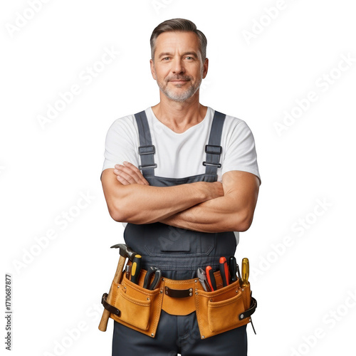 Skilled craftsman with tool belt confident pose ready for home improvement projects