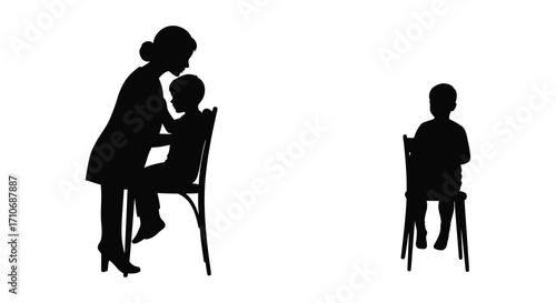 Silhouette of a mother styling a child s hair with another child present