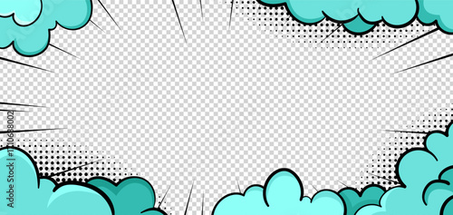Comic book cover, cartoon explosion with puff cloud and dot pattern. Pop art funny smoke steam background. Vector bg