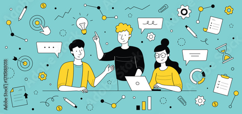 Business people teamwork, meeting doodle concept vector