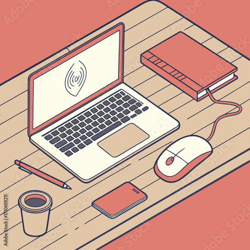 Work desk with laptop, book, and coffee for study