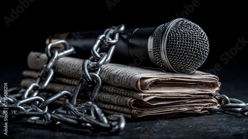 Microphone and newspapers bound by heavy chains representing restricted free speech