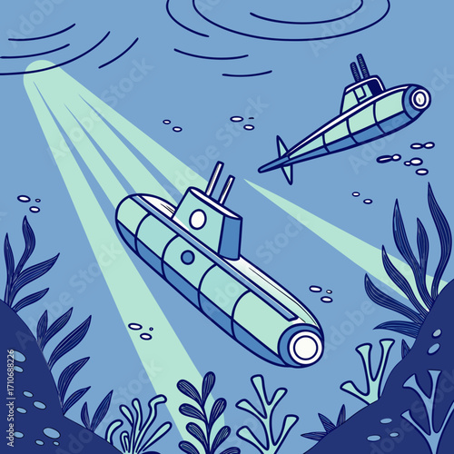 Two stylized cartoon submarines explore the deep blue ocean floor surrounded by seaweed and illuminated by shafts of light from above
