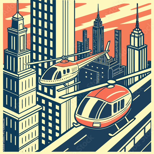 Two vibrant helicopters soar above a stylized city skyline with towering skyscrapers and a busy elevated highway during a dramatic sunset