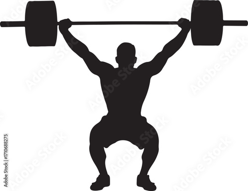 Black silhouette of weightlifter lifting barbell overhead