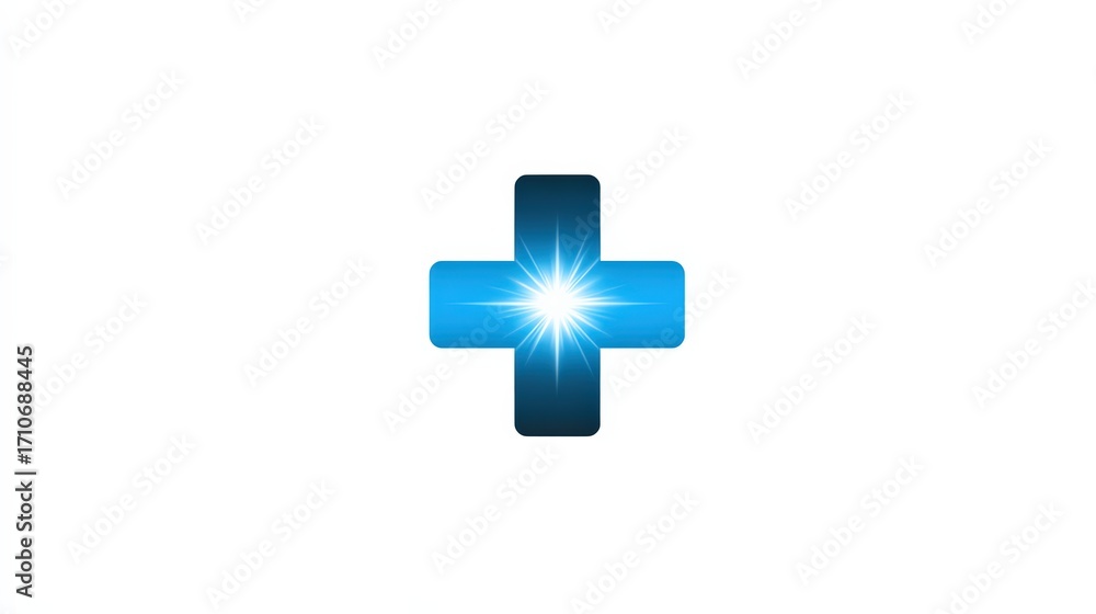 Fototapeta premium Blue Cross Icon with Light Burst on White Background