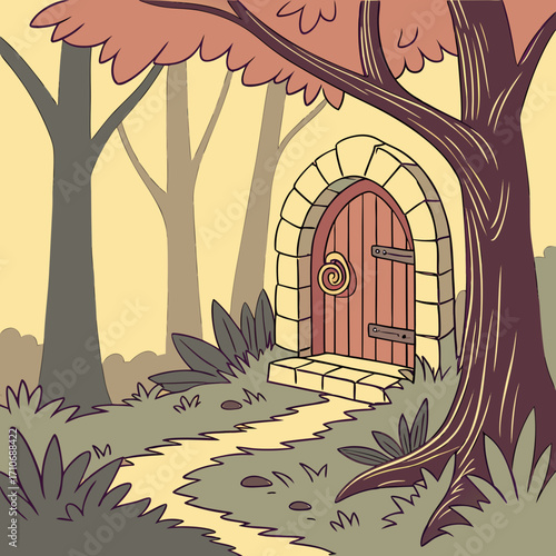 Whimsical arched stone doorway with a wooden door nestled into the base of a large tree in a serene forest setting