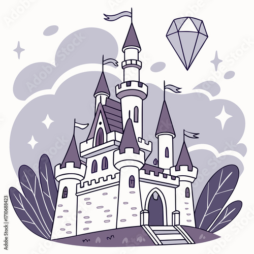 Whimsical cartoon castle with purple accents and a sparkling diamond floating above set against a backdrop of stylized clouds and stars