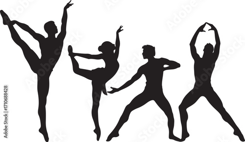 Four dancers in silhouette performing ballet poses