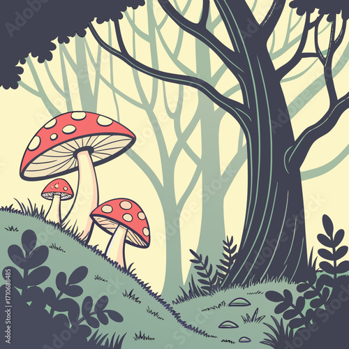Whimsical forest scene featuring vibrant red and white spotted mushrooms growing on a grassy hill next to a large dark tree trunk with a soft pastel background of stylized trees