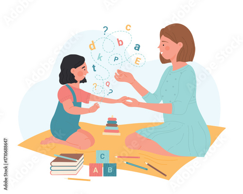 Speech therapy vector illustration. Cartoon therapist showing letters to little girl with disorder, game development of childs pronunciation at session in kindergarten, teacher speaking with kid