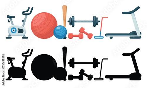 Gym Equipment Vector Set with Color and Silhouette on Transparent Background