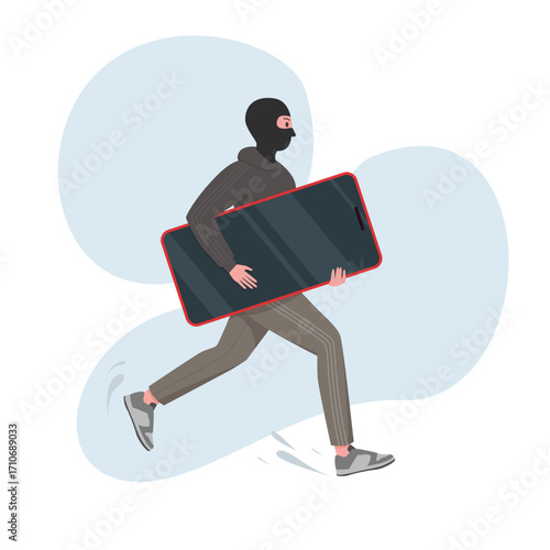 Mobile phone theft vector illustration. Cartoon isolated male thief character in hoodie and balaclava hat stealing big cellphone, burglar running with smartphone to steal money, personal information