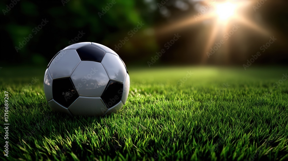Fototapeta premium Classic Soccer Ball on Grass Field at Sunset
