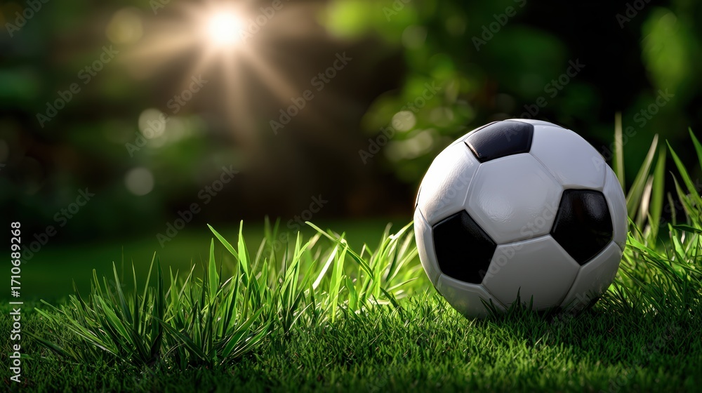 Fototapeta premium Soccer Ball on Grass Field with Sunlight in Background