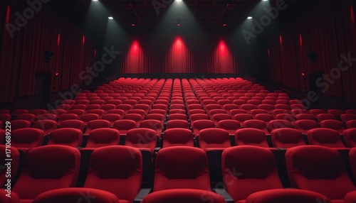 this is an interior view of an empty movie theater with red seats